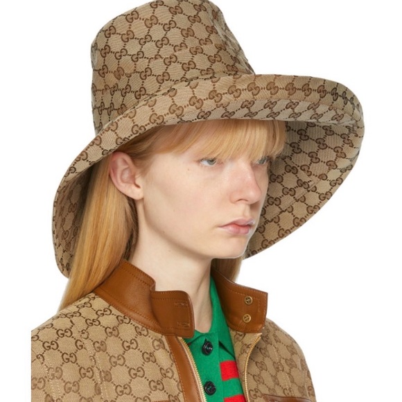 Beige Accessories - Gucci GG Bucket Hat Monogram Wide Large Brim Beige Canvas Sun Coverage Beach